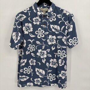 Crazy Shirts Size M VTG 100% Cotton Blue & White Floral Hawaiian Polo Shirt